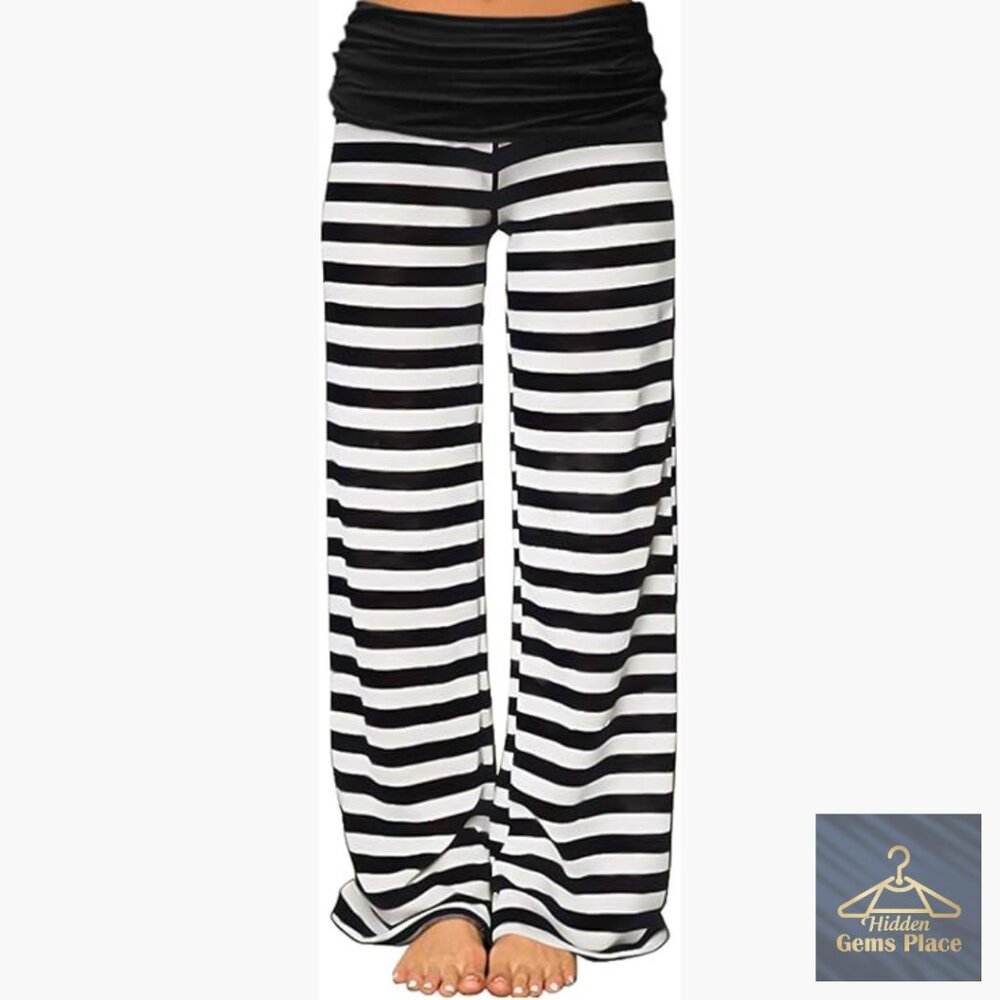Wide Leg Palazzo Pajama Pants Fold Waist Stretch Lounge Yoga Pants
